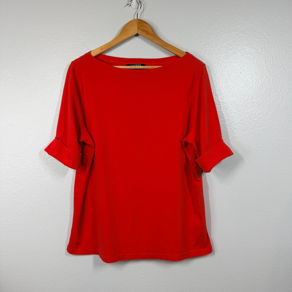 Lauren Ralph Lauren Top Women 2X Red Short Sleeve Boat Neck Cuffed Cotton Blend